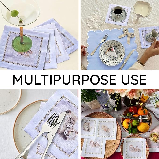 Cocktail Napkins Set of 6, 6x6 inch, 100% Linen, Printed Animal Pattern, Reusable & Washable Cloth Coasters for Beverages, Hosting, Gifting & Everyday Use (Lion Love)