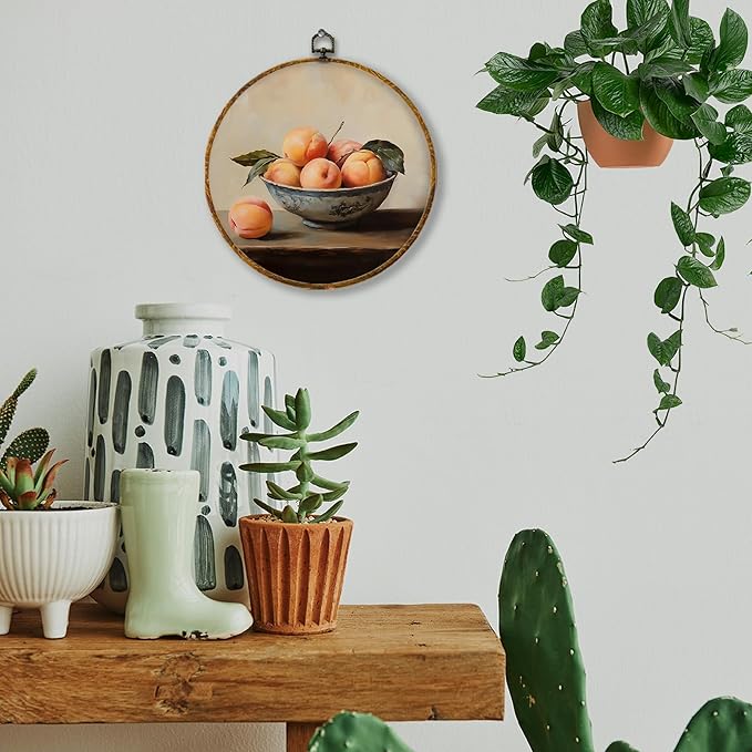Hiuwevt Vintage Moody Peach Round Wall Art Decor, Dark Academia Peach Framed Canvas Prints, Farmhouse Rustic Fruit Round Wall Hanging Decor for Kitchen Dining Room Decorations, 10x10 Inches