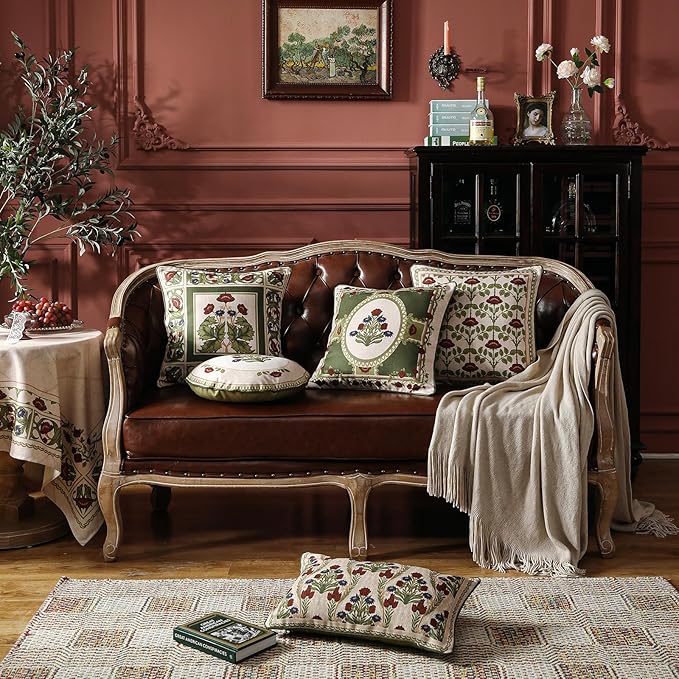 ISAENNE Design Linen Lumbar Square Round Throw Pillow Covers Set of 4, Yellow Green French Cushion Covers with Red Purple Floral Pattern Decoration Pillowcases for Bed, Living Room, Outdoor, Car