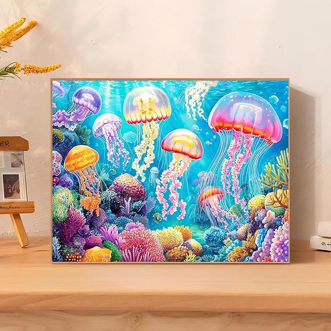 mrpwnle Diamond Art Kits for Adults, Glowing Jellyfish Diamond Painting Kits for Beginners, 5D Diamonds Painting, DIY Full Drill Gem Art Crafts Kit Home Wall Decor Gifts 16x12 inch