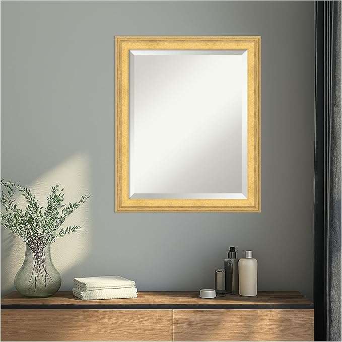 Amanti Art Gold Wall Mirror 23x19 Owen Gold Rectangle Bathroom Mirror for Wall Decor Living Room, Small Traditional Wood Frame, Hangs Horizonally and Vertically, Bathroom Decor, Beveled Edge