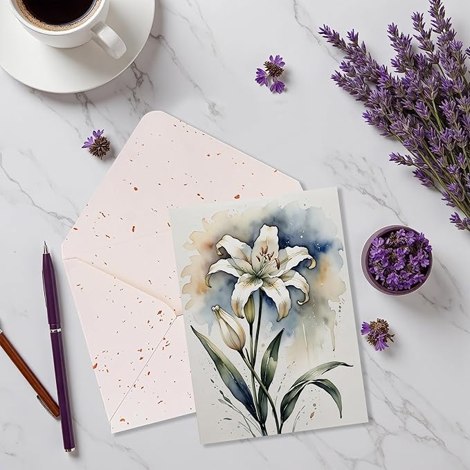 5x7 Blank Inside Greeting Card with Envelope, Watercolor Lily Greeting Card for All Occasions – Birthday, Sympathy, Thank You, Wedding - Single Card