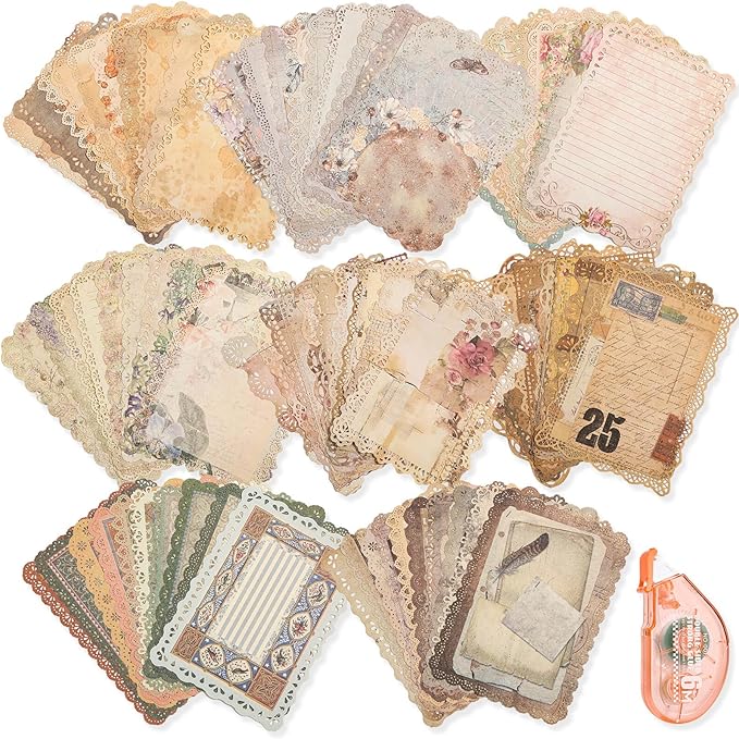 Vintage Scrapbook Supplies, 80 Sheets Lace Edged Scrapbook Stationery Paper with Double Sided Tape Roller for Junk Journal Making, Decoupage and Card Crafts, 4.9x6.9 Inches