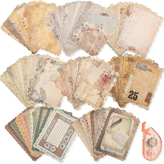 Vintage Scrapbook Supplies, 80 Sheets Lace Edged Scrapbook Stationery Paper with Double Sided Tape Roller for Junk Journal Making, Decoupage and Card Crafts, 4.9x6.9 Inches