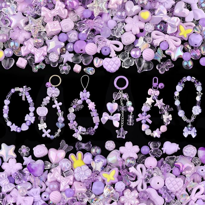 200-260PCS TINKRSTUFF Assorted Acrylic Beads Purple Cute Beads for Bracelet Making, Bow Flower Butterfly GummyBear Kawaii Charms, Aesthetic Bead for Necklace Keychain Jewelry Making DIY Phone Charm