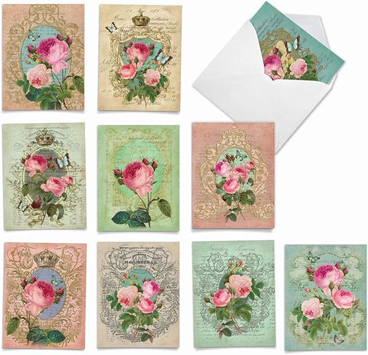 The Best Card Company - 10 Boxed Note Cards with Flowers - Blank Assorted Floral Notecards Bulk (4 x 5.12 Inch) - Romance and Roses M2379OCB