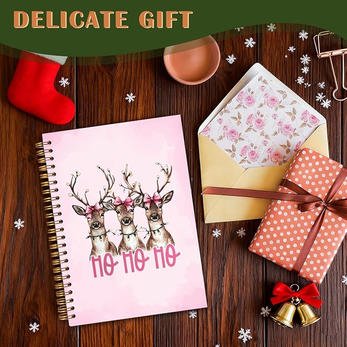 Exqcom Pink Christmas Reindeer Spiral Notebook Gifts, Coquette Pink Bow Deer Animal Journal for Women, Hohoho Xmas Winter Holiday Hardcover Notebook Journal Office School Supplies, 5.5x8.3 Inch