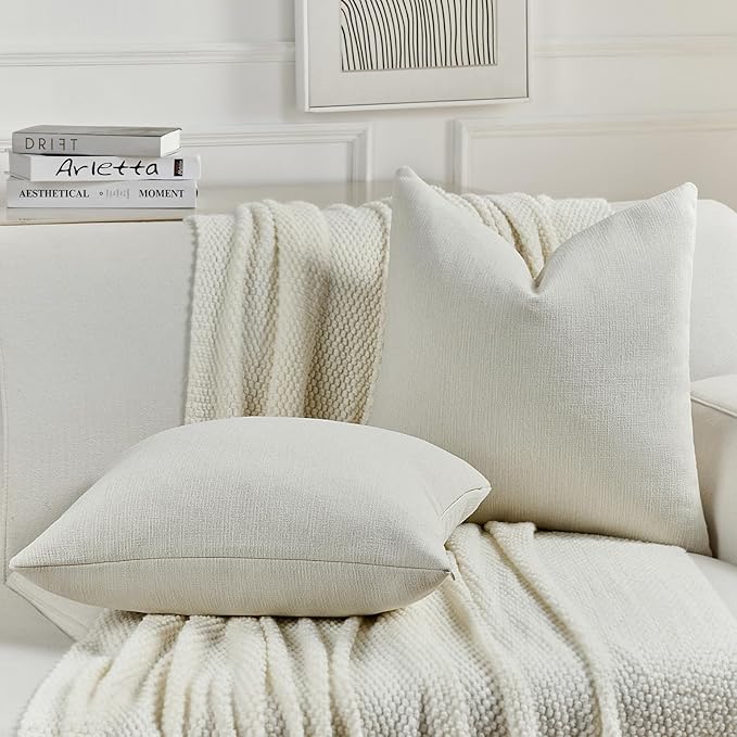 FUTEI Cream Chenille Decorative Throw Pillow Covers 20x20 Inch Set of 2,Soft Cozy Faux Linen Textured Cushion Case,Farmhouse Home Decor for Couch Living Room