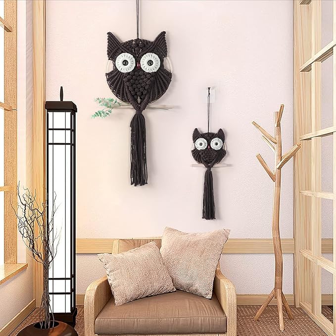 MVSUTA Owl Chocolate Cotton Handmade Macrame Wall Hanging Tapestry Home Decor Art and Bronze Craft Wonderful Decoration Woven Boho Ornament for Office Bedroom Apartment Living Room Nursery