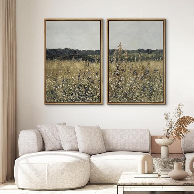 SIGNWIN Framed Canvas Print Wall Art Set Wildflower Meadow Under a Gentle Overcast Sky Illustration Modern Art Minimalism Decorative Nordic for Living Room, Bedroom, Office - 16"x24"x2 Natural