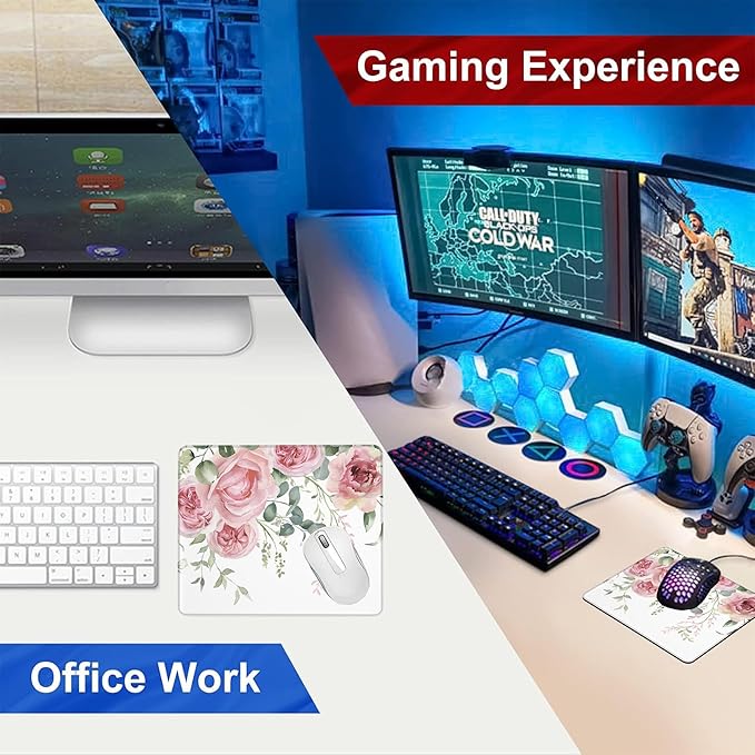 Mouse Pad, Pink Flowers and Eucalyptus Leaves Mouse Pads for Desk,Soft Computer Mouse Mat Square Waterproof Non-Slip Rubber Base Gaming MousePads for Women Men,Laptop,Office