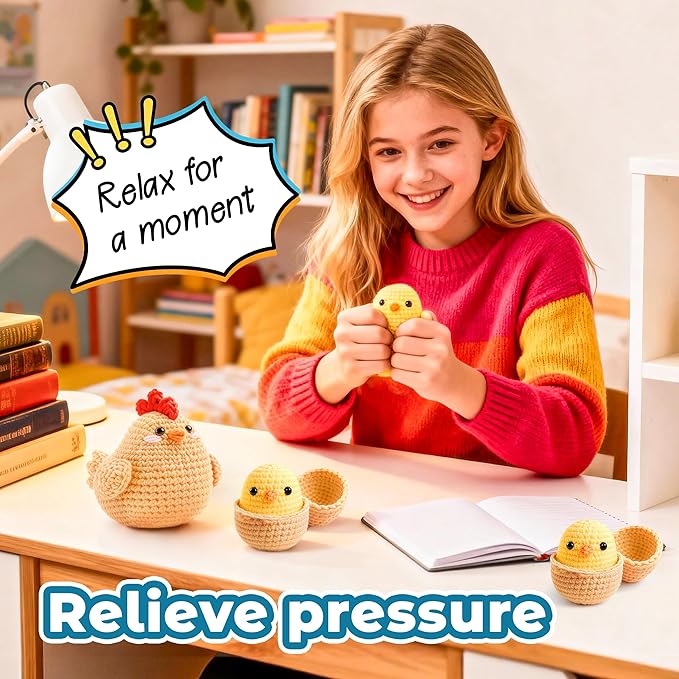 Joyclub 4 Pcs Crochet Kit for Beginners Crochet Starter Kits for Adults and Kids Great Birthday Gifts for Crocheting Lovers with Step by Step Video Amigurumi Chicken Family Knitting Kit DIY Craft