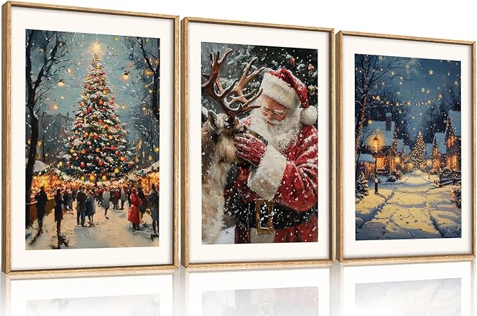 Large Enchanting Christmas Framed Canvas Wall Art Set,Santa Claus Reindeer Wall Decor,Magical Glowing Christmas Tree Artwork,Winter Snowy Village Art Print for Living Room,Bedroom- 24"x36"x3