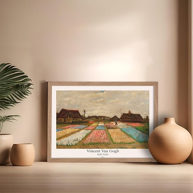 Monem Art Vintage Van Gogh Poster - Retro Bulb Fields Print - Flower Beds in Holland Art - Impressionism Art - Fine Art - Classic Painting Art - Great Bedroom Wall Decor - 16x20 Beige Framed