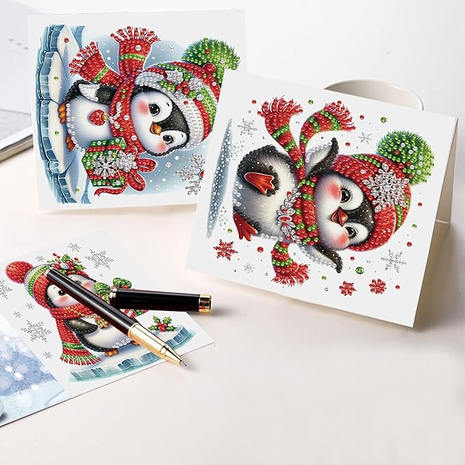 Focart Christmas Penguin Greeting Cards, Set of 6, Special Shaped Diamonds Painting, DIY Handcraft for Relatives and Friends with Wishes,Unique Design Crafting for Birthday or Holiday Cards