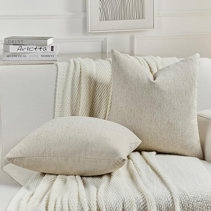FUTEI Natural Linen Chenille Decorative Throw Pillow Covers 22x22 Inch Set of 2,Soft Cozy Faux Linen Textured Cushion Case,Farmhouse Home Decor for Couch Living Room