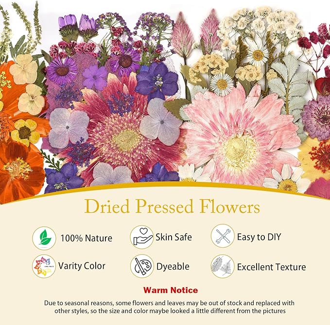 DALARAN 95Pcs Dried Pressed Flowers for Resin Mold Real Natural Bulk Big Dry Floral Leave for DIY Art Crafts Resin Jewelry Making Scrapbook Supplies Card Making Soap Candle DIY