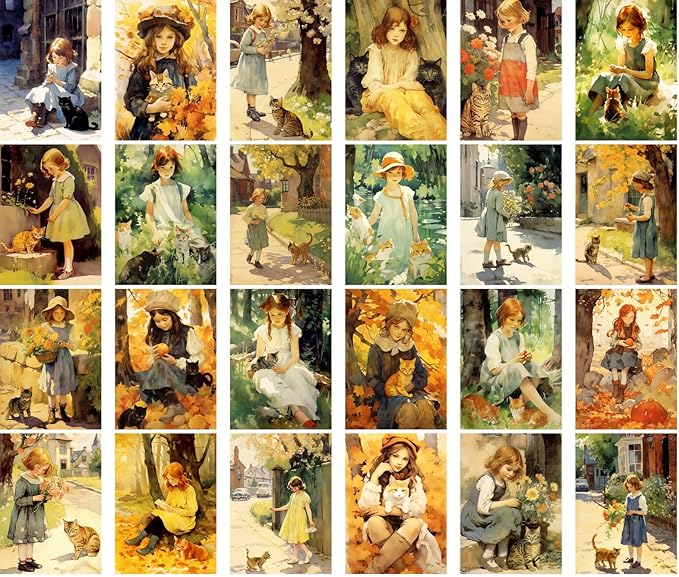 PIXILUV Vintage Postcards (24pcs 4"x6") Cherished Moments in Time: Young Girls and Their Cats Friends Amidst the Rustic Charm of Old Town Streets - A Nostalgic Vintage Postcard Collection