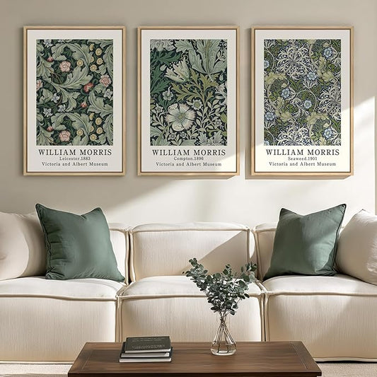 Framed William Morris Canvas Wall Art Green Decor Set of 3, Vintage Large Floral Artwork Prints, Boho Farmhouse Botanical Picture Prints for Living Room, Bedroom, Hallway, Office, Total Size 30x60