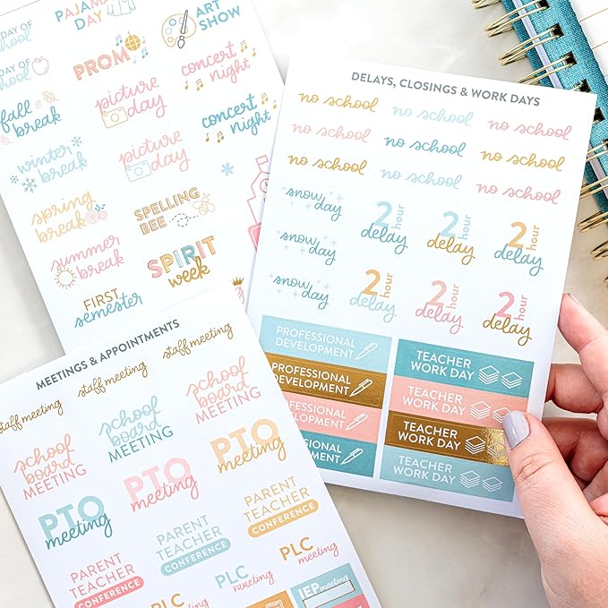 PPP Teacher Sticker Book | Pack of 15 | 503 Colorful Stickers | Assorted Sizes | 5x7 Sheets of Stickers | Gold Foil Stamping | Personalize Your Planner with Flags, Tabs, & Blocks for Educator Events