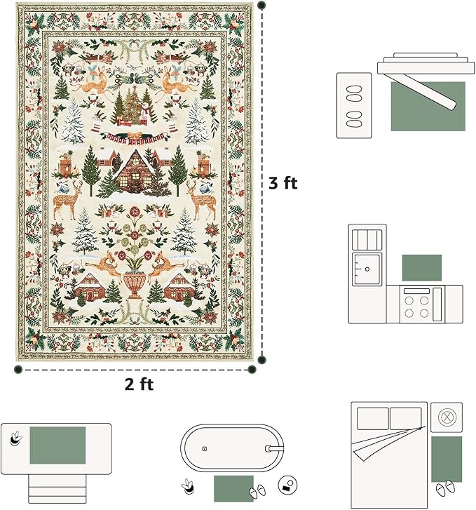 jinchan Christmas Rug 2x3 for Entryway Kitchen Small Holiday Rug for Porch Bathroom Christmas Tree and Cabin Printed Winter Xmas Decor Washable Doormat for Bedroom Non Slip Green on Beige