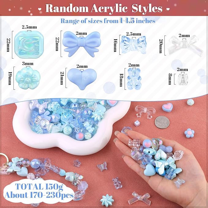200-260PCS TINKRSTUFF Assorted Acrylic Beads Blue Cute Beads for Bracelet Making, Bow Flower Butterfly GummyBear Kawaii Charms, Aesthetic Bead for Necklace Keychain Jewelry Making DIY Phone Charm