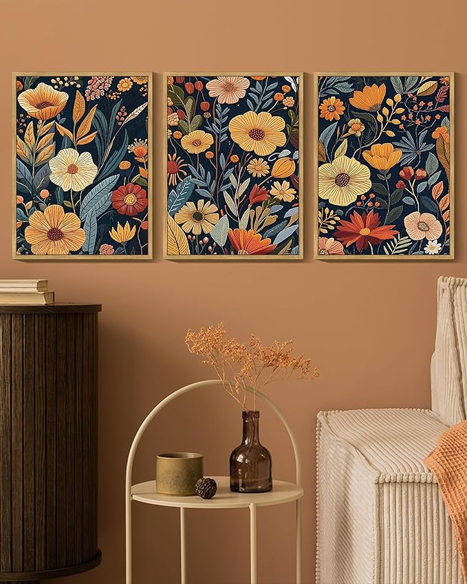KUVIOKE Vintage Flower Framed Wall Art Colorful Boho Floral Wall Decor Botanical Retro Wildflower Modern Artwork Bedroom Living Home Decor 12x16in (Natural Framed)