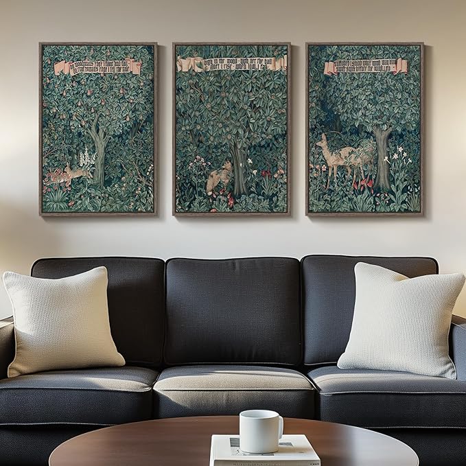 Framed William Morris Canvas Wall Art for Living Room, Large 3 Piece Vintage Green Wall Art Prints, Forest Woodland Wildlife Deer Fox Painting Wall Decor for Bedroom, Dining Room, Home Office, 16x24