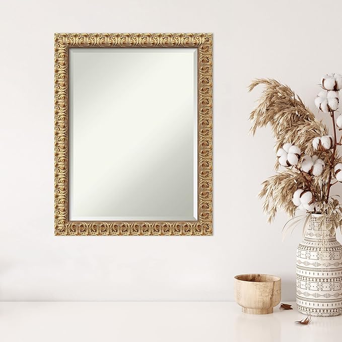 Amanti Art Gold Wall Mirror 27x21 Florentine Gold Rectangle Bathroom Mirror for Wall Decor Living Room, Medium Traditional Wood Frame, Hangs Horizonally and Vertically, Bathroom Decor, Beveled Edge