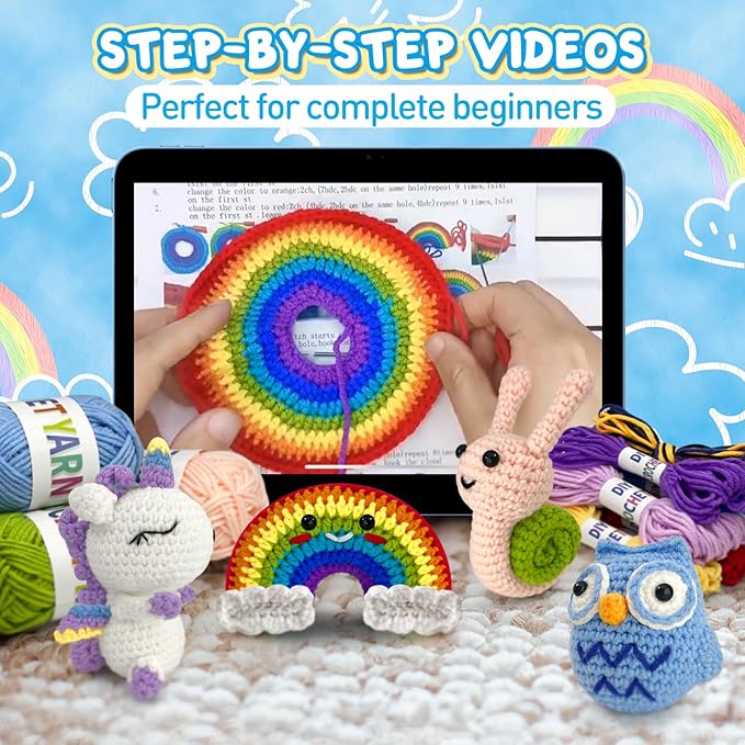 Roomaze Crochet Kit for Beginners,4 Pack Crochet Kits with Step-by-Step Video Tutorials, DIY Crochet Starter Kit for Adults Craft Kits for Adults-Ideal for A Gift (Owl,Unicorn,Snail,Rainbow)