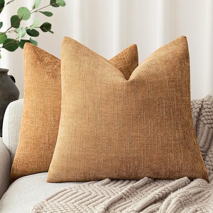 Foindtower Set of 2 Soft Textured Chenille Throw Decorative Pillow Covers Square Accent Solid Cushion Cover Neutral Farmhouse Pillow Case for Couch Sofa Bedroom Living Room 24x24 Inch,Golden Brown