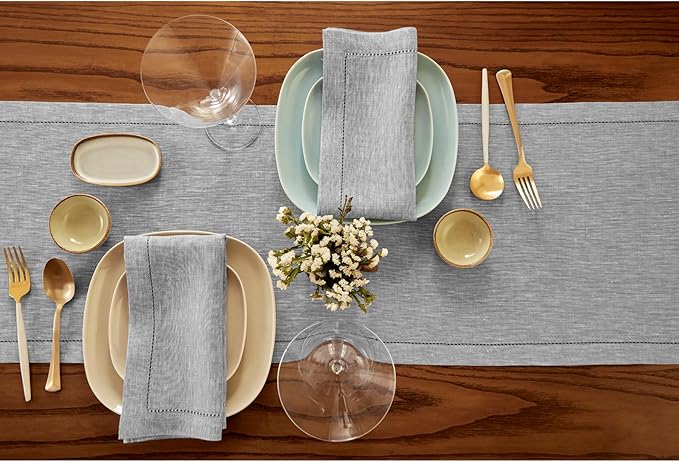 Solino Home Linen Oyster Grey Table Runner 36 Inches - Milan Hemstitch, 100% Pure Linen Coffee Table Runner 14 x 36 Inch Ideal for Dresser Tables - Spring, Easter