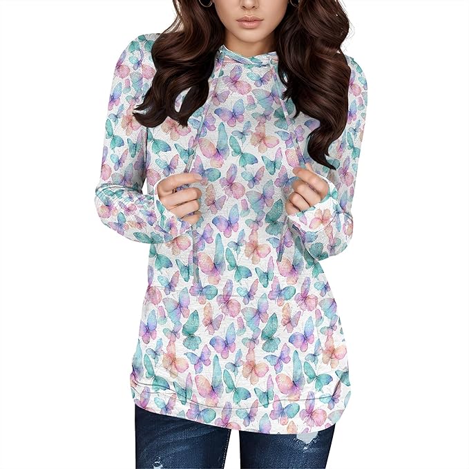 Hooded Sweatshirt Women Fall Butterfly Sweatshirts Lightweight Long Sleeve Pullover Tops Trendy Outfits Plus Size
