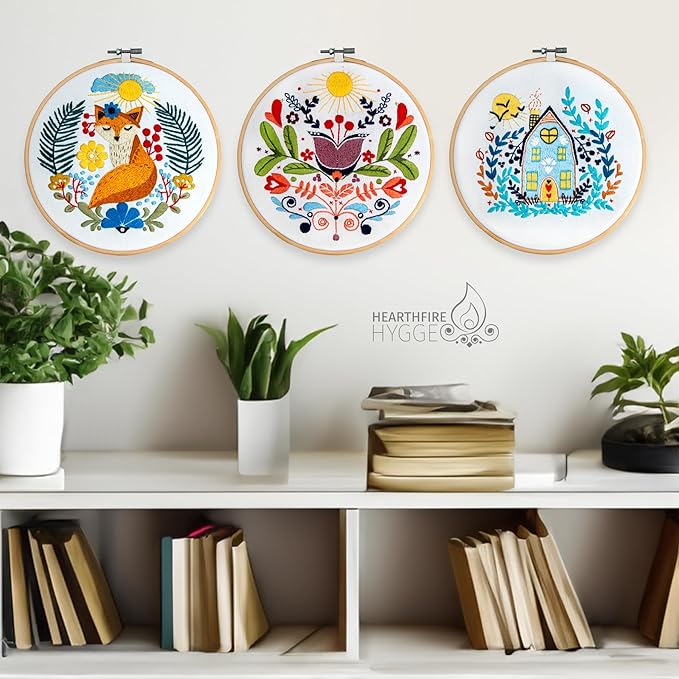 Hearthfire Hygge Embroidery Kit for Beginners | Scandinavian Folk Art Beginner Embroidery Kit for Adults | Fox, House, Flower Cross Stitch Kits for Beginners | Needlepoint Kits for Adults