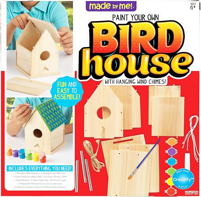 Made By Me Build & Paint Your Own Wooden Bird House Horizon Group USA, DIY Birdhouse Making Kit, Includes Paints, Brushes, Glue & Wind Chimes, Multicolor (46090F)