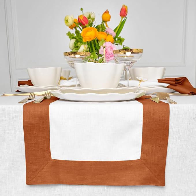 Solino Home Linen Table Runner 72 Inches Long - 100% Pure Linen Cinnamon and White Dining Table Runner 14 x 72 Inch - Contempo