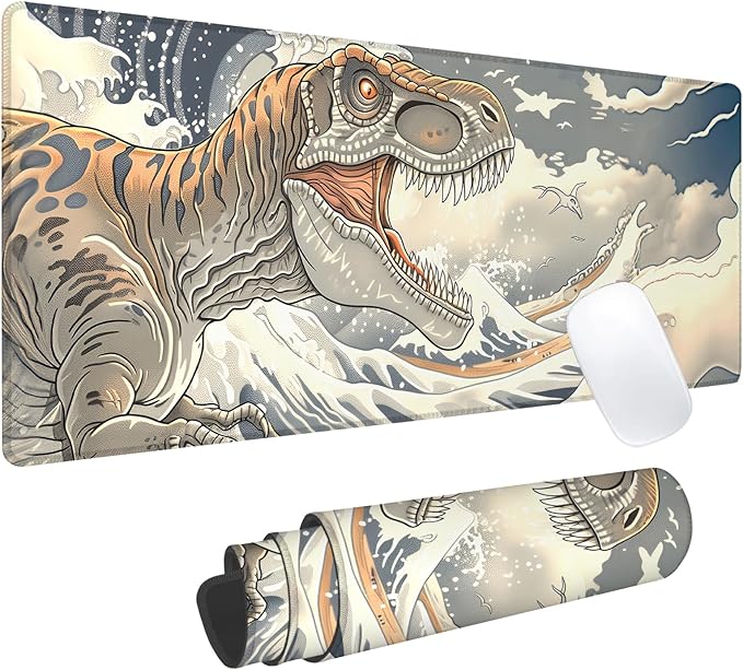 Dinosaur Wave Gaming Mouse Pad, Office Desk Mat, Anti-Slip Rubber Base Cool Aesthetic Mouse Pads for Computer Laptop Keyboard School Home Desktop Gamer Home Accessories Decor 31.5" x 11.8"