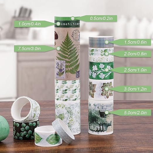 18 Rolls Vintage Washi Tape Set, Mushroom Flower Plants Decorative Tape, 5/10/15/20/25/30/50/75mm Wide Adhesive Tape for Bullet Journaling, DIY Crafts, Scrapbooking Supplies (Green)