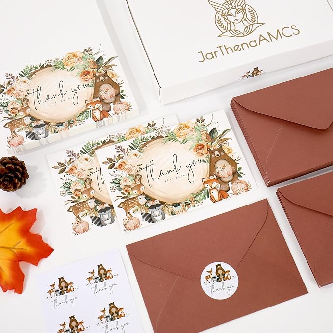JarThenaAMCS 50 Pack Fall Woodland Thank You Cards Boxed Forest Animal Floral Pumpkin Greeting Cards with Envelopes Stickers Autumn Blank Note Card for Birthday Baby Shower, 4 x 6 Inch