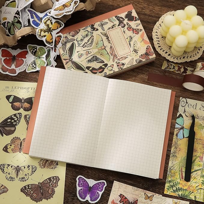 emmoolife Vintage Aesthetic Scrapbooking Supplies Kit, Butterfly Junk Journal Scrapbook Kit with Journaling Supplies, A6 Grid Notebook, Stationery, Birthday Craft Gift Set for Teen Girl Kid Women