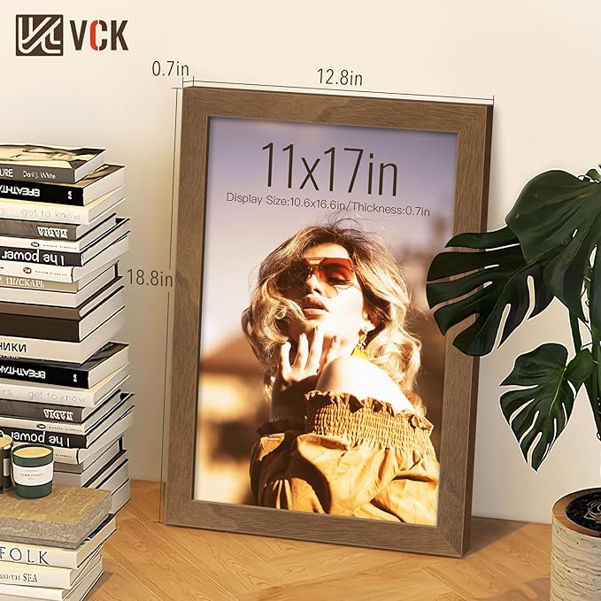 VCK 11x17 Picture Frame 3 Pack - Brown Walnut, Natural Wood Grain Solid Wood Poster Frame, Wall Gallery Frame
