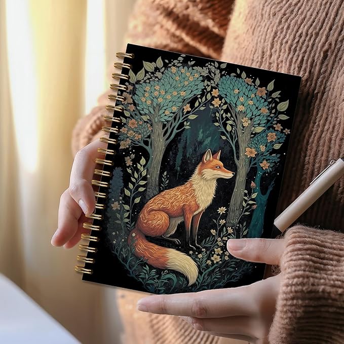 Vintage Moody Fox Notebook, Dark Cottagecore Flower Aesthetic Journal, Fox Gifts for Women men, Animal Lover Gifts, Mystical Forest Foxes Animal Spiral Journal Notebook, 5.5x8.3 Inch