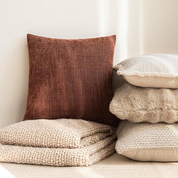 Foindtower Pack of 2 Soft Textured Chenille Throw Decorative Pillow Covers Square Accent Solid Cushion Cover Cozy Neutral Farmhouse Pillow Case for Couch Sofa Bedroom Living Room 22x22 Inch,Red Taupe