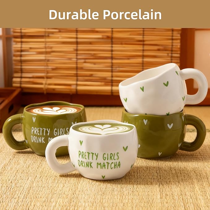 4pcs Cute Ceramic Coffee Mug, 9.4OZ White Green Porcelain Tea Mugs, Ceramic Cup Sets for Matcha Lovers, Dishwasher & Microwave Safe, Christmas Gift(Matcha)