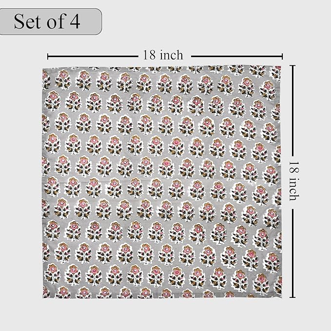 CPC Cloth Napkins 100% Cotton Set of 4 Reusable Napkins, Indian Block Print Toile Floral Dinner Napkin, Fall Thanksgiving Christmas Holiday Party Gift - Soft Absorbent Napkin, 18"x18" Labra Gray