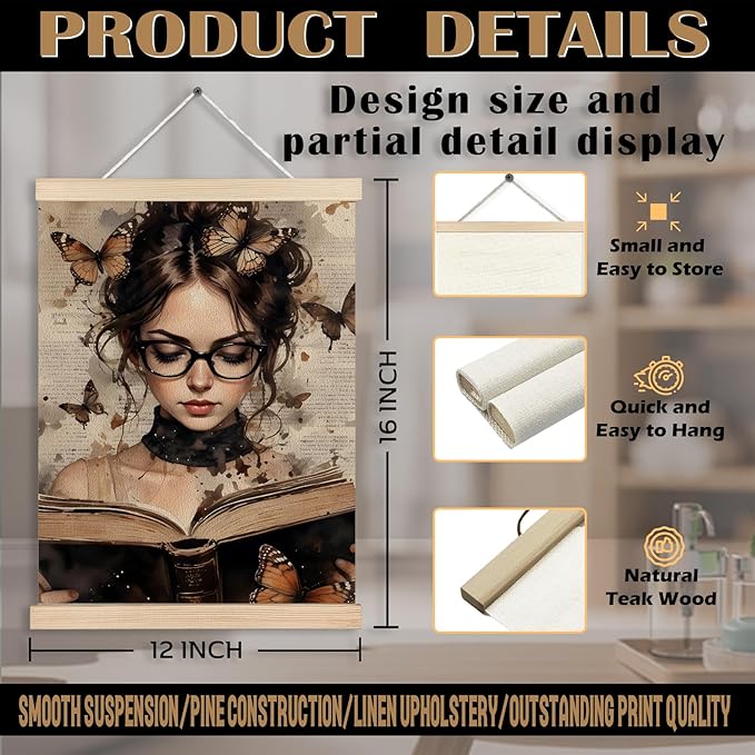 Vintage Butterfly Woman Book Canvas Wall Art Poster, Reading Nook Corner Decor, Dark Academia Feminine Wall Decor Prints for Library Reading Room Classroom Home, 12x16 Inches