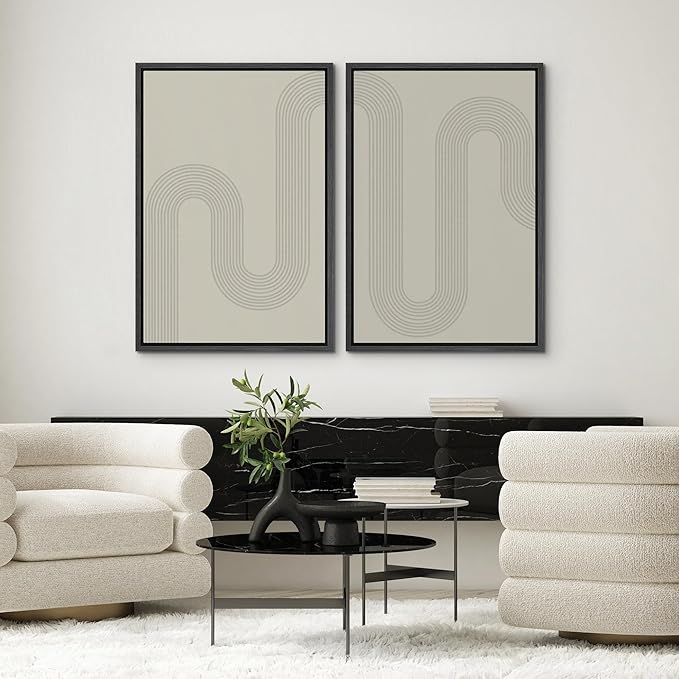 SIGNWIN Framed Canvas Print Wall Art Set Geometric Tan Pastel Color Field Landscape Abstract Shapes Cozy Neutral Modern Art Minimalism Decorative for Living Room, Bedroom, Office - 24"x36"x2 Black