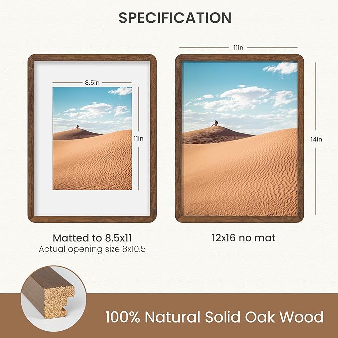 12x16 Picture Frame Set of 3, Solid Oak Wood Photo Frame with Mat for 8.5x11, Round Corner 12 x 16 Matted Picture Frames with Resistant Plexiglass for Wall Mounting or Tabletop, Walnut Color