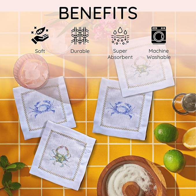 Cocktail Napkins Set of 6, 6x6 inch, 100% Linen, Printed Animal Pattern, Reusable & Washable Cloth Coasters for Beverages, Hosting, Gifting & Everyday Use (Crab)