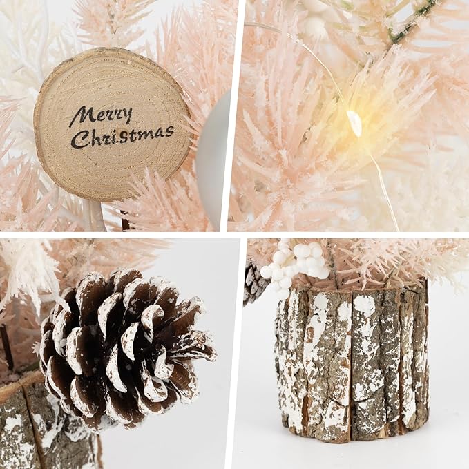 Small Table Top Christmas Tree with Lights, Mini Christmas Tree Decorations with Merry Christmas Pine Cones Berries Balls Ornaments for Home Party Centerpiece Indoor Decorations, 12Inch, Pink